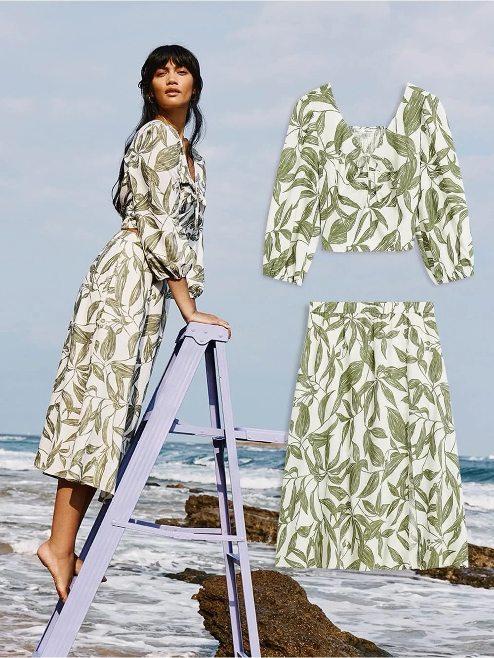 Reitmans Linen-Blend Midi Skirt Set Green Leaf Pattern High Side Slit Size XXL - Picture 1 of 16